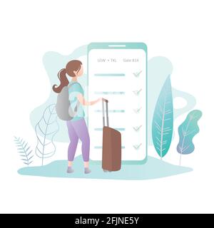 Cute Female with backpack and suitcase, big mobile phone with online check-in,trendy simple style, flat vector illustration Stock Vector