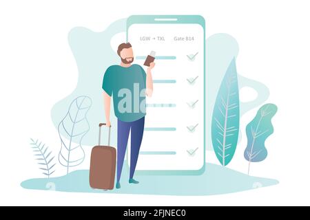 Male with suitcase and smartphone,big smartphone with  boarding pass,online check-in,trendy simple style,outdoor flat vector illustration Stock Vector