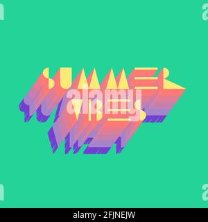 Summer Vibes - colorful text on turquoise grass background. Design print for summer season. 3D geometric letters, retro vaporwave gradient. Vector Stock Vector