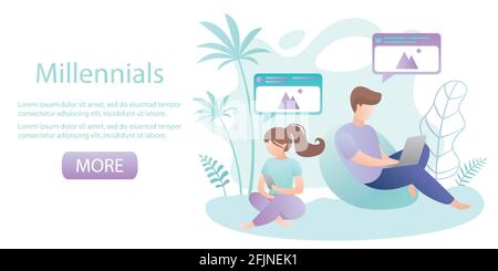 Two young people sitting with gadgets,smartphone generation or millennials,template  banner,trendy vector illustration Stock Vector
