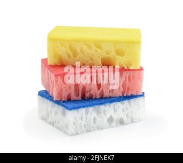 Multi-colored sponges for dishes isolated on white. Stock Photo