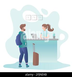 Female receptionist on Reception desk in hotel and male tourist with suitcase and backpack,check in process,vector illustration in trendy style Stock Vector