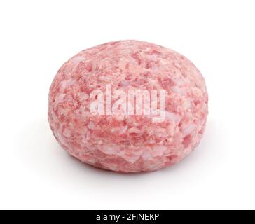 One raw meat cutlet with rice isolated on white. Stock Photo