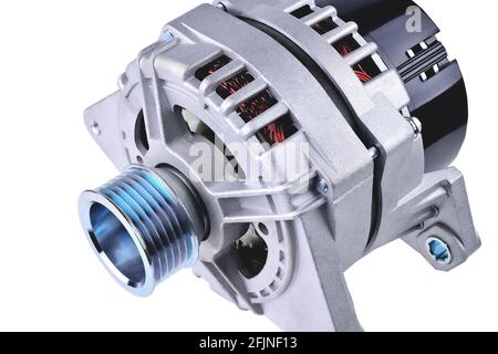 car generator, car electrical network element on white background, generator details close-up selective focus Stock Photo
