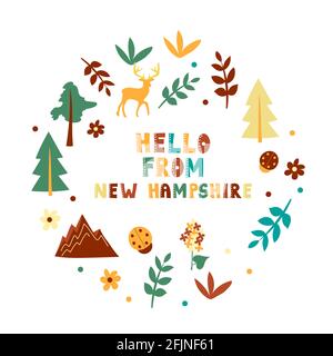 USA collection. Hello from New Hampshire theme. State Symbols Stock Vector