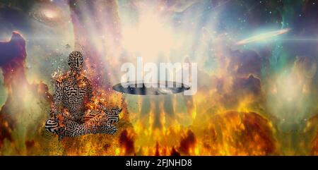 Burning man with maze pattern meditates in lotus pose. 3d rendering Stock Photo