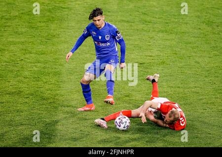 Genk's Gerardo Arteaga and Standard's Joao Klauss De Mello fight for the ball during the 'Croky Cup' Belgian cup final between KRC Genk and Standard d Stock Photo