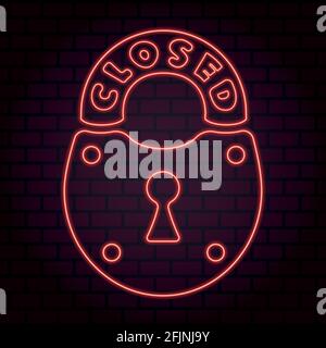 Vector illustration of a neon padlock with a glowing inscription closed on the background of a brick wall Stock Vector