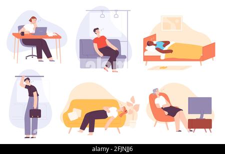 Sleepy people. Tired, lazy and sleeping man and woman at home, in bed, in transport, office worker. Bored and burnout adults flat vector set Stock Vector