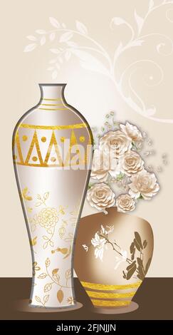 3d illustration vase with golden flowers in light background . Stock Photo