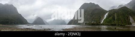 Magnificent panoramic view of Milford Sound during rainy weather, South Island of New Zealand Stock Photo