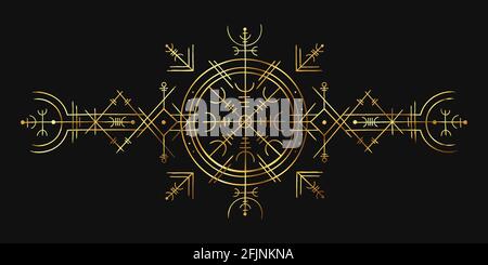Viking magic symbol. Golden esoteric ornament, norse compass amulet. Nordic pagan spell rune for tattoo. Occult gold circle vector pattern Stock Vector