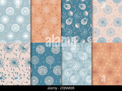 Dandelion seamless patterns. Nature graphic print with spring flowers. Dandelions blown by wind, blowball floral boho wallpaper vector set Stock Vector