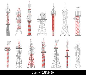 Wireless towers. Telecommunication network tower. Mobile and radio airwave connection systems. Communication satellite antennas vector set Stock Vector