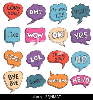Speech bubbles. Colorful doodle comic balloons with talk phrases thank you, love, like, hello and omg. Cartoon message text cloud vector set Stock Vector