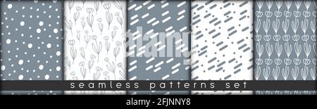set of combinable seamless patterns. botanical floral hand drawn lineart elements dots spots, ultimate gray and white. design for packaging wrapping f Stock Vector