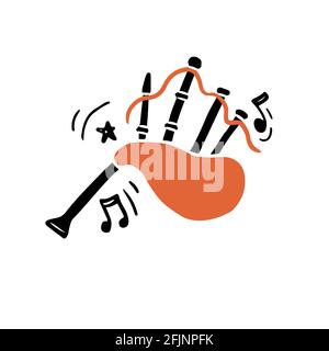 Vector illustration of authentic Scottish bagpipes hand drawn in minimalist flat style with black and orange colors playing traditional loud music amidst abstract notes and ornaments Stock Vector