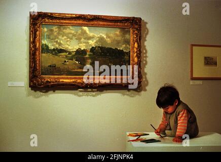 3 year old John Constable the great,great great great grandson of the painter in front of Wivenhoe Park at the gallery at university of essex. Stock Photo