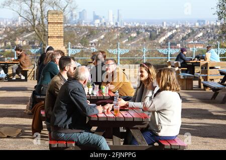 The Terrace at Alexandra Palace, Ally Pally's Covid-secure beer garden for food and drink, in April 2021, in north London, UK Stock Photo