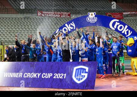 Brussel Belgium April 25 Team Of Krc Genk Celebrating Winning The Croky Cup 2021 During The Croky Cup Final Match Between Standard De Liege And Krc Genk At Koning Boudewijn Stadion