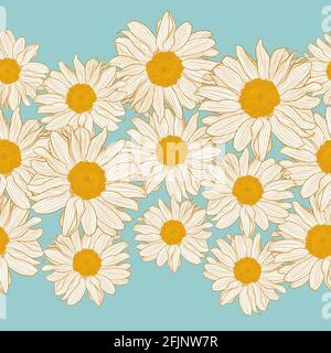 Vector seamless border of yellow and white chamomile flowers on light turquoise background. Decorative print for wallpaper, wrapping, textile, fashion fabric or other printable covers. Stock Vector