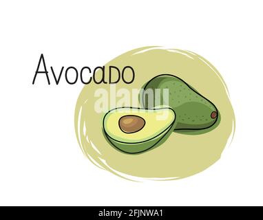 Avocado icon. Half and full fruit avocado isolated on white background with lettering Avocado. Vegetable stylish drawn symbol avocado Stock Vector