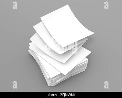 Stack of white sheets of A4 office paper on a gray background. 3d render illustration. Stock Photo