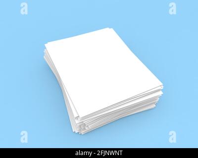 White sheets of A4 office paper on a blue background. 3d render illustration. Stock Photo