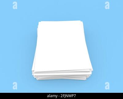 Stack of white sheets of A4 office paper on a light blue background. 3d render illustration. Stock Photo