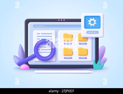 Concept of File management. Searching files in database. Document management soft, document flow app, compound docs concept. 3d vector illustration. Stock Vector