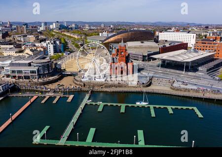 Aerial view of the landmarks of Cardiff Bay, Wales including the Welsh Parliament and Pierhead Stock Photo