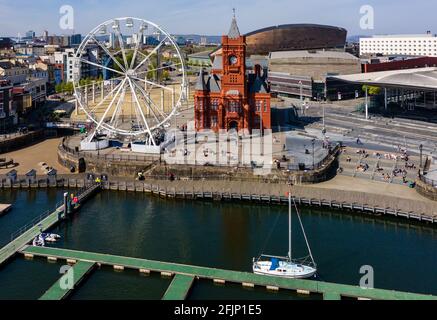 Aerial view of the landmarks of Cardiff Bay, Wales including the Welsh Parliament and Pierhead Stock Photo