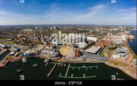 Panoramic aerial view of Cardiff Bay on a sunny day with the city centre in the background. Stock Photo