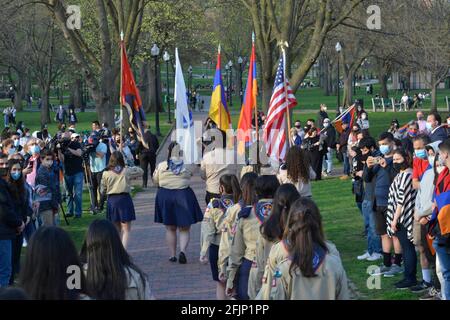 Boston, Massachusetts, USA. 24th Apr, 2021. Armenian-Americans march for justice on Boston Common to the Armenian Heritage Park on the Rose Kennedy Greenway during the 106th Annual Genocide Remembrance Day on April 24 the day the Turkish Government in 1915 began the removal and extermination of the Armenian people who have lived in the region for 3,000 years. Today President Joe Biden unlike his predecessors officially recognized the events of 1915 as a Genocide.The action has touch off anger in Turkey that only recently lent support to Azerbajian in it attack on the Armenian populated region Stock Photo