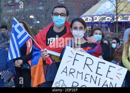 Boston, Massachusetts, USA. 24th Apr, 2021. Armenian-Americans march for justice on Boston Common to the Armenian Heritage Park on the Rose Kennedy Greenway during the 106th Annual Genocide Remembrance Day on April 24 the day the Turkish Government in 1915 began the removal and extermination of the Armenian people who have lived in the region for 3,000 years. Today President Joe Biden unlike his predecessors officially recognized the events of 1915 as a Genocide.The action has touch off anger in Turkey that only recently lent support to Azerbajian in it attack on the Armenian populated region Stock Photo