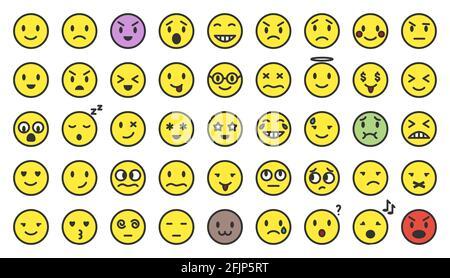 Cartoon color flat line emoji set. Vector yellow emoticon collection isolated on white. Mood and facial smiles. Funny, angry, happy and sad faces web icons for message. Stock Vector