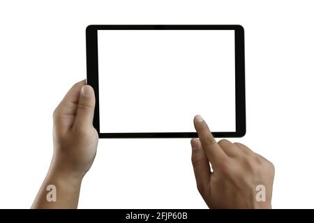 man use tablet hands close up hands multitasking tablet blank white screen Digital tablet computer Stock Photo