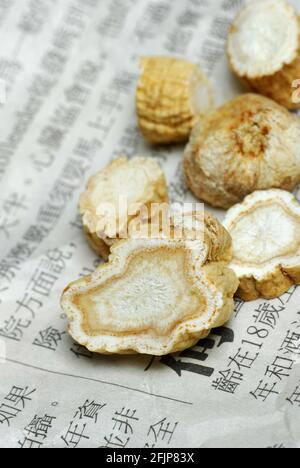 Real ginseng, sliced ginseng root, seng, Ginseng (Panax ginseng) Korean ginseng (Araliaceae), medicinal plants Stock Photo