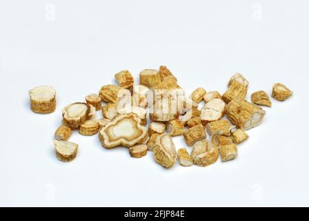 Real ginseng, sliced ginseng root, seng, Ginseng (Panax ginseng) Korean ginseng (Araliaceae), medicinal plants Stock Photo