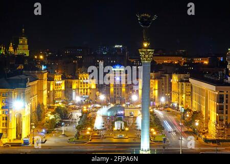 View at night from Hotel Ukrajina to the Independence Square Majdan Nesaleshnosti, Kiev, Ukraine Stock Photo