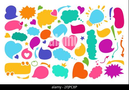 Speech bubbles color empty flat cartoon set. Speech thought blobs comics, balloon chat multicolored banner. Comic design elements dialog clouds icon. Blank apps and website. Vector illustration Stock Vector