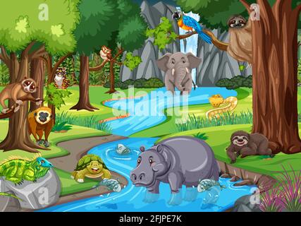 Wild animal in the jungle scene illustration Stock Vector