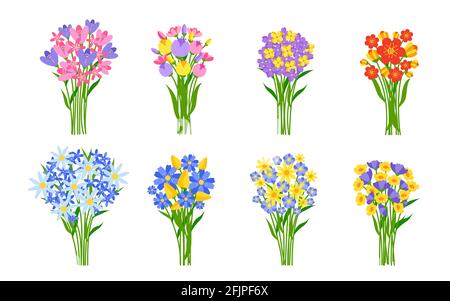 Fresh flowers bouquets set. Colored spring bunches in flat cartoon style. Beautiful design elements for greeting or wedding card. Gift wildflowers tulips or daisy Isolated on white vector illustration Stock Vector