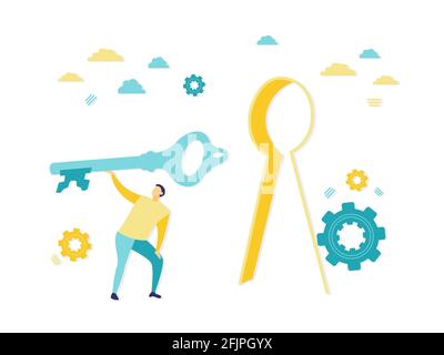 Flat illustration of a businessman holds the key to success. Simple illustration in blue and yellow color. Business and finance concepts. Stock Vector