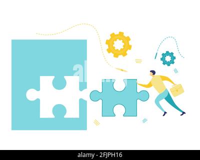 Flat illustration of a businessman pushing a jigsaw puzzle. Concept of businessman with missing jigsaw puzzle piece. Business and finance concepts. Stock Vector