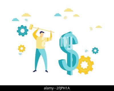 Flat illustration of a young furious businessman going to crash with a hammer stone dollar symbol. Business and finance concepts. Stock Vector