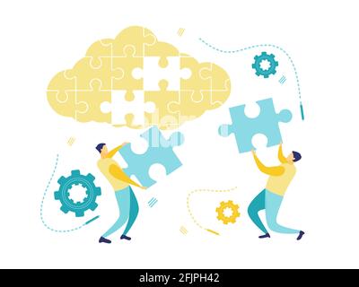 Flat illustration of two businessmen holding a jigsaw puzzle to arrange in the cloud. Concept of cloud computing with jigsaw puzzle. Business concept. Stock Vector