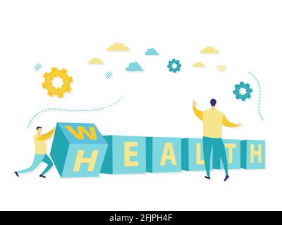 Flat illustration of wealth is health concept with businessman. Simple illustration in blue and yellow color. Business and finance concepts. Stock Vector