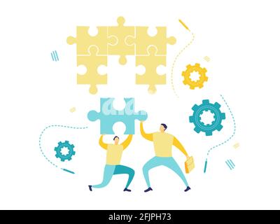 Flat illustration of two businessmen holding a jigsaw puzzle to be arranged. Concept of businessman with missing jigsaw puzzle piece. Stock Vector