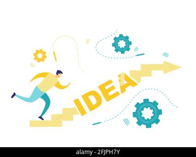 Flat illustration concept of idea with businessman climbing steps stairs. Simple flat illustration of blue and yellow. Business and finance concepts. Stock Vector